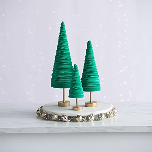 Green Pedestal Velvet Trees Set of 3, Elegant Mantel décor, Valentine Accent, Office Bookcase, Handcrafted Wedding Centerpiece, Cozy Entryway (Green) - color: Green