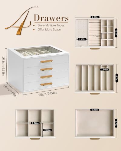 Homeanda Jewelry Boxes Organizer with Glass Lid, 4-Layer PU Leather, White - color: White, size: 4 Layer