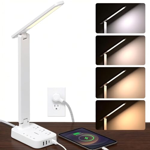 Addtam LED Desk Lamp, Power Strip with 3 Outlets 4 USB Charging Ports(2 USBC), 4 Modes 5 Level Brightness Touch Lamp, Small Desk Lamp for Home Office College Dorm Room Essentials, White - color: White, size: 5 FT