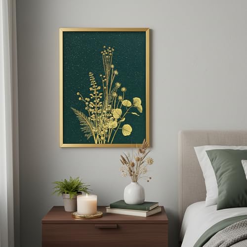 YBYBEST 12x16 Green and Gold Botanical Wall Art with Gold Frame, Shimmery Green Wall Art for Bathroom, Bedroom, Living Room and Entryway - color: Emerald Green & Gold1-12*16, size: 16"L x 12"W