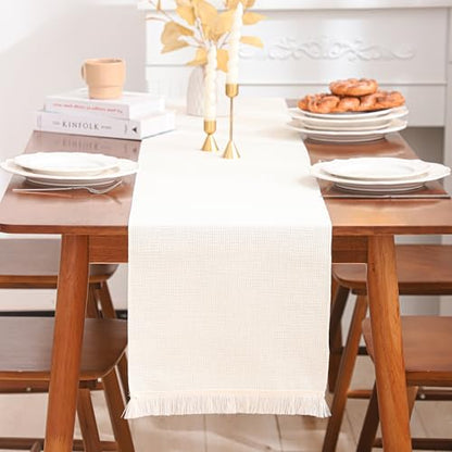 Beige Table Runner 12×120 Inches Long with Fringe Boho Fall Decor - color: Beige