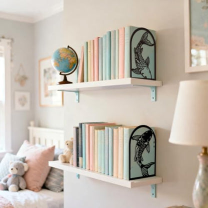 Peacoblue 5.3"x4.3"x7.9" Metal Bookends, Heavy Duty Book Ends for Shelves - style: Black and White Koi Fish
