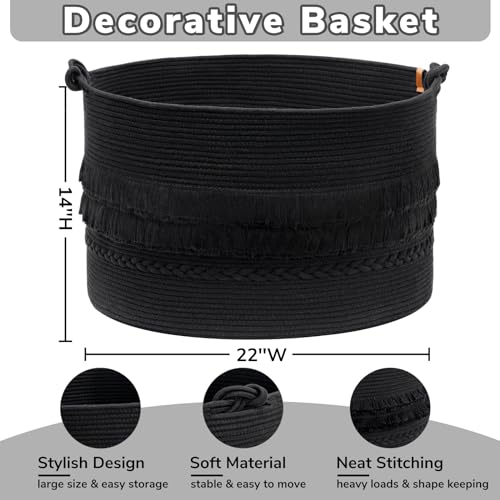CherryNow 90L Large Woven Rope Blanket Basket with Tassel, 22" x 14", Black - color: Black, size: 83L (22"W x 14"H)