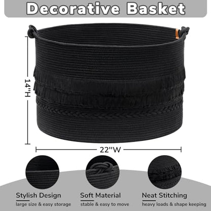 CherryNow 90L Large Woven Rope Blanket Basket with Tassel, 22" x 14", Black - color: Black, size: 83L (22"W x 14"H)
