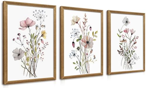WRFON Framed Botanical Canvas Wall Art Set of 3, Watercolor Floral Prints, Framed Flower Wall Decor for Bedroom Bathroom Living Room, 16x24 Inch Each - color: Pink Flower(Framed), size: 24"L x 16"W