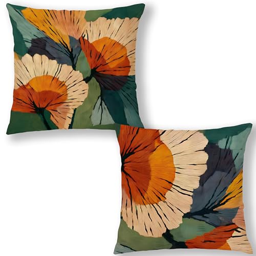 Abstract Botanical Art Floral Pillow Covers 18x18, Mid Century Modern Terracotta and Orange Flower Decorative Throw Pillow Covers Pillowcases for Living Room Home Bedroom Set of 2 - color: Green & Orange 3, size: 18" x 18" (Pack of 1)
