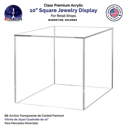 Marketing Holders 10" Acrylic Display Riser Box with One Open Side No Lid Versatile Clear Glossy Square Lucite Retail Product Platform or Merchandise Storage Bin No Assembly - size: 10" Cube-Clear