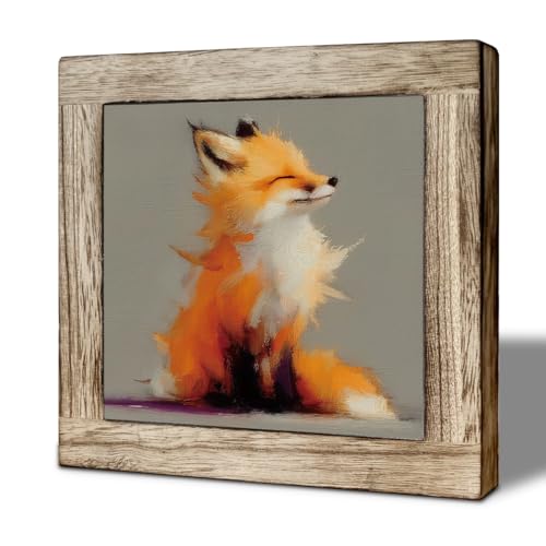 Fox Desk Decor Wooden Box Sign 5.9x5.9, Rustic Animal Oil Painting Style Tabletop Plaque, Cozy Woodland Shelf Counter Accent, Minimalist Housewarming Gift for Home
