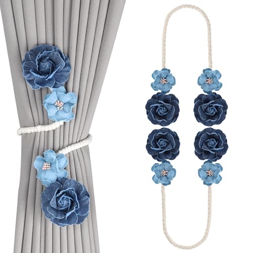 Meplait 2 Pack Boho Curtain Tiebacks, No Drill Curtain Holdbacks for Drapes - color: C Flower-blue
