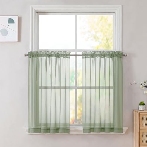 OVZME Sage Green Sheer Curtains 36 inches Long, Short Kitchen Window Treatment Solid Sheers Cafe Curtains Bathroom Voile Half Window Panels, Rod Pocket, 42" Wx36 L - color: Sage Green, size: 42"W x 36"L (Pack of 2)
