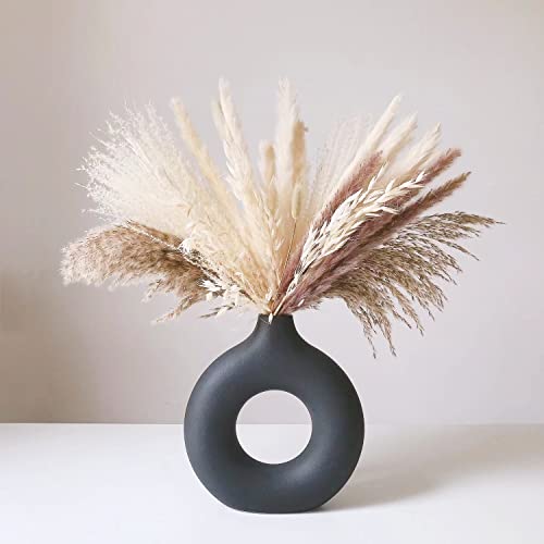 White Ceramic Vases for Pampas Grass,Water Drop Design Doughnut vase Modern Home Decor Minimalist Nordic Boho Ins Style (Black Medium) - color: Black, size: Medium