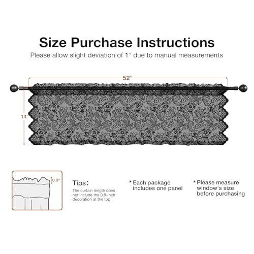 Rinwoc Black Lace Semi-Sheer Kitchen Valance Curtains – Vintage Leaf Lace Tiers for Bedroom, Privacy Light Filtering Rod Pocket Window Valances, Elegant Scalloped Valances 1 Panel, 52W x 14L Inch - color: Black Plume, size: 52"W x 14"L (Pack of 1)