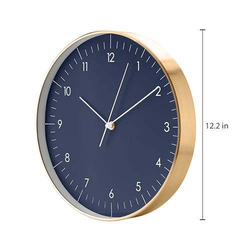 LUUK LIFESTYLE Modern Silent Quartz Wall Clock, 12in, Dark Blue & Gold | Elegant & Simple, Non-ticking, Analog, Easy-to-read display, Battery operated, for Guest room, Bedroom, Kitchen - color: Dark Blue, 12"