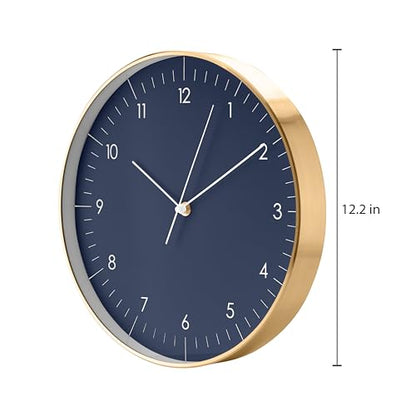 LUUK LIFESTYLE Modern Silent Quartz Wall Clock, 12in, Dark Blue & Gold | Elegant & Simple, Non-ticking, Analog, Easy-to-read display, Battery operated, for Guest room, Bedroom, Kitchen - color: Dark Blue, 12"