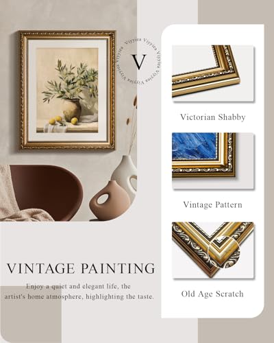 VIYYIEA Gold Framed Olive Branch Canvas Wall Art Mediterranean, 13×16 Inch - color: Olive Branch Still Life, size: 16"L x 13"W