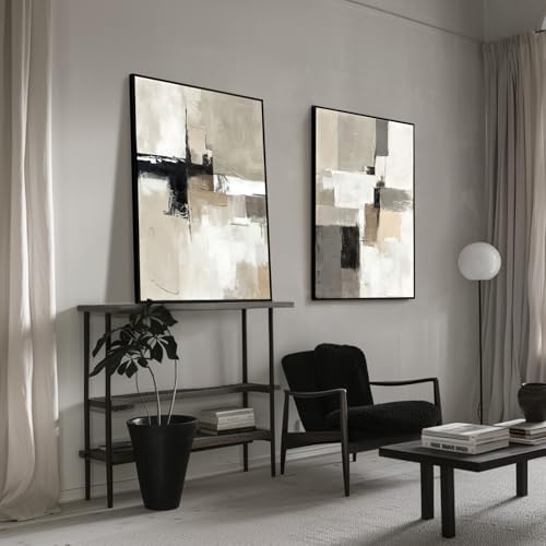 SAFERRYHOME Neutral Abstract Beige,Gray and Black Wall Art Set of 2,24"x36" - color: Neutral, size: 24" x 36" x 2 Panel Framed