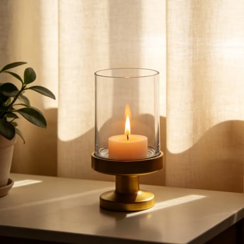 Glass Hurricane Candle Holders and Glass Vase with Minimalism Metal Base in Antique Brass, Handmade and Sturdy Glass, Pillars, Flower Arrangement, Centerpiece, Dining Table (Antique Brass, 6"x11") - color: Antique Brass, size: 6"x11"