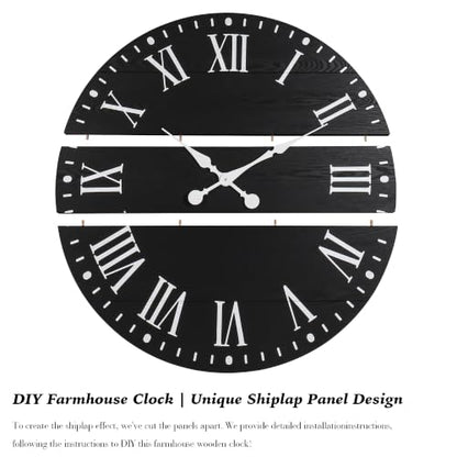 Large Wall Clock with Roman Numeral, 24” Shiplap Farmhouse Clock - color: Black, size: 24 Inch