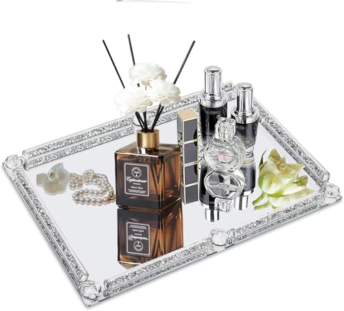 Large Crystal Perfume Tray, 15.7" x 11.8" Slver Mirror Vanity Tray - color: Silver B