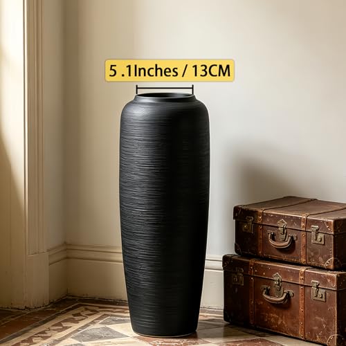 Black Rustic Ceramic Floor Vase, 19.7 Inch, Ribbed Texture - size: 19.7 Inch