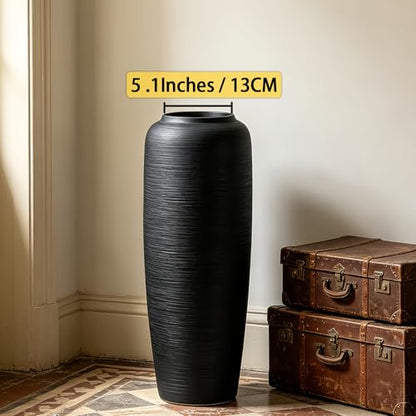 Black Rustic Ceramic Floor Vase, 19.7 Inch, Ribbed Texture - size: 19.7 Inch