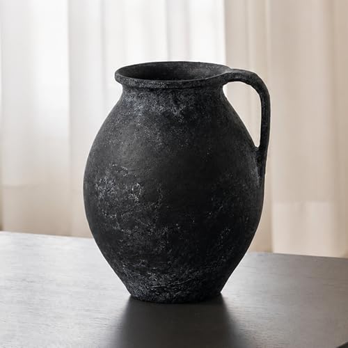 LB2 Black Ceramic Large Vase, 11.2" Tall Zen Style Vase, Terra Cotta Pitcher, Distressed Farmhouse Decor, Pottery Decorative Flower for Home Decor (D - Black 11.2") - color: F - Black 11.2"