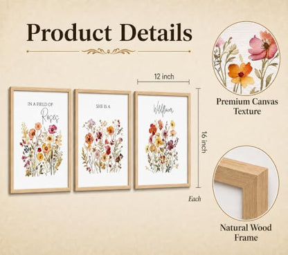 3Pcs Framed Canvas Wildflower Wall Art Botanical Poster Print 12x16 Inch - color: MEIGUIYEHUA, size: 16"L x 12"W