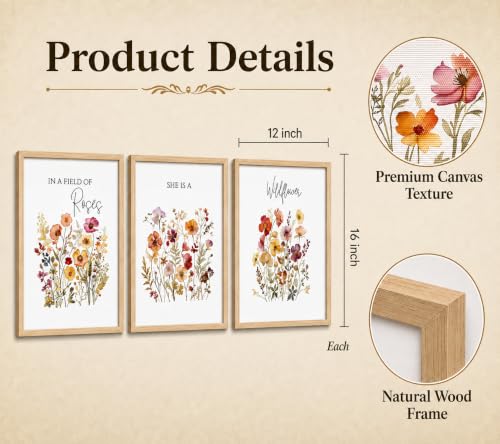 3Pcs Framed Canvas Wildflower Wall Art Botanical Poster Print 12x16 Inch - color: MEIGUIYEHUA, size: 16"L x 12"W