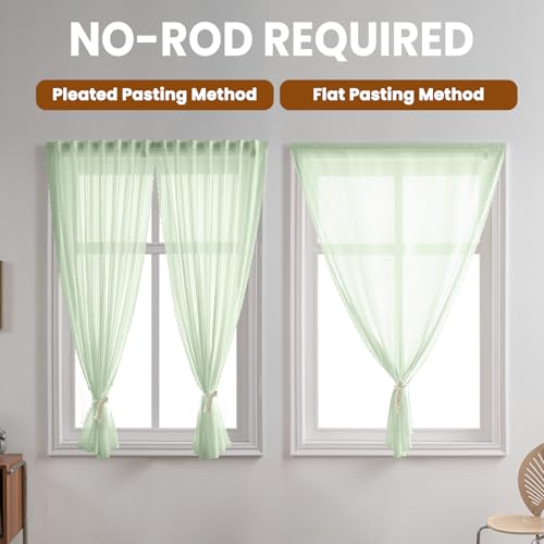 Sage Green Gauze Curtains Sheer Self-Adhesive, Translucent Privacy Panel, Fold-Up Portable Curtain No Drill (44" W x 63" L,Sage Green,2 Panels) - color: Sage Green, size: 44"W x 63"L (Pack of 2)