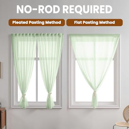 Sage Green Gauze Curtains Sheer Self-Adhesive, Translucent Privacy Panel, Fold-Up Portable Curtain No Drill (44" W x 63" L,Sage Green,2 Panels) - color: Sage Green, size: 44"W x 63"L (Pack of 2)