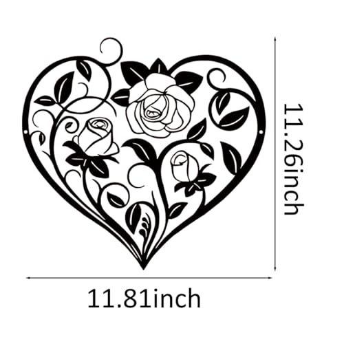 Heoclao Heart Rose Metal Wall Art, Romantic Black Iron Sculpture with Rose Design, Floral Home Decor for Bedroom, Living Room or Wedding - 11.81 Inch