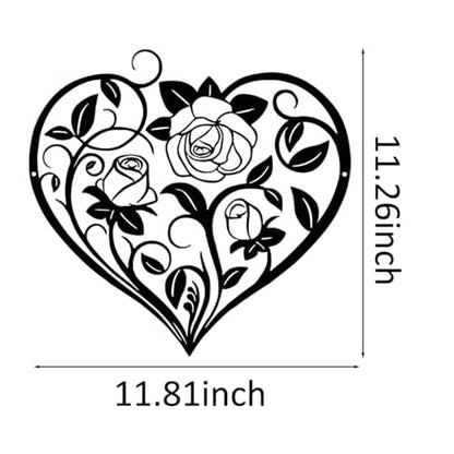 Heoclao Heart Rose Metal Wall Art, Romantic Black Iron Sculpture with Rose Design, Floral Home Decor for Bedroom, Living Room or Wedding - 11.81 Inch