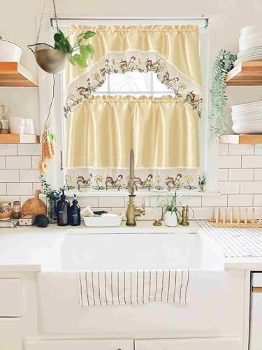 Generic 3-Piece Set Embroidered Window Curtain 2 Panels 1 Valance for Kitchen Restaurant Bar BR (Ivory BR-38) - color: Ivory Br-38