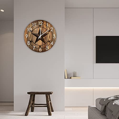 Round Wood Wall Clock Western Texas Star Silent Battery Operated Wooden Wall Clock Country Western Country Farmhouse Home Décor for Living Room House Kitchen - size: 10"x10"