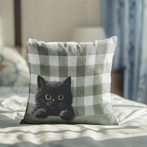 Black Kitten Pillow Cover 18x18 Inches, Sage Plaid Farmhouse Decor - color: Round Black Kitten
