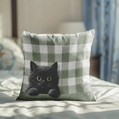 Black Kitten Pillow Cover 18x18 Inches, Sage Plaid Farmhouse Decor - color: Round Black Kitten