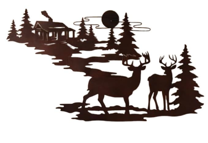 Woodland Metal Deer Wall Art, Brown Silhouette, Rustic Cabin Forest Scene, Nature Wildlife Decor, 24" L x 13.8" W. Gift for Father's Day, Birthday, Housewarming !