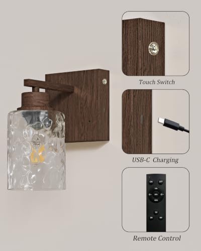 Rayogale Hammered Glass Battery Operated Wall Sconces Set of Two Walnut | Dimmable Rechargeable Wall Lights with Remote Timer, Easy Install Lamp for Living Room Bedroom, Emergency 3000K - color: Walnut(Clear Hammered Lampshades)