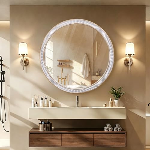 36 Inch Large Round Wood Mirror, Farmhouse Bathroom Mirrors for Wall - color: B - 36 in