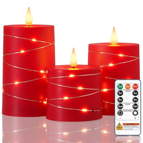Raycare Red Battery Operated Flameless LED Pillar Candle with Remote Timer - color: 3pcs-Red