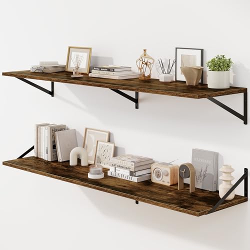 Fun Memories Floating Shelves for Wall, 12 Inch Deep Floating Shelves Set of 2, 55W x 12D Large Wall Shelf with Sturdy Metal Brackets for Living Room, Bathroom, Bedroom and Kitchen, Rustic Brown - color: Rustic Brown, size: 55"L x 12"D