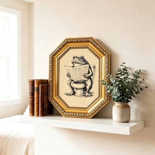 Vintage Gold Octagonal Framed Bathroom Art, Funny Bathroom Wall Art, Frog on Toilet Reading Newspaper Canvas Print, Whimsical Animal Wall Decor Pictures for Restroom Toilet - color: Bathroom Frog, size: 8*10