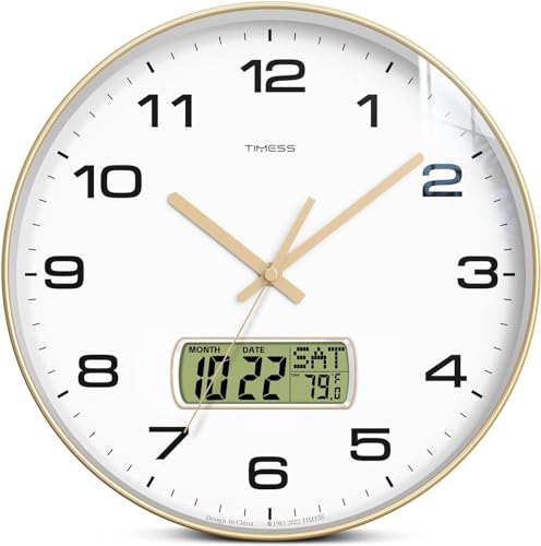 TIMESS 13-Inch Non-Ticking Analog Wall Clock with LCD Display, Gold - color: Gold, size: 13 Inch
