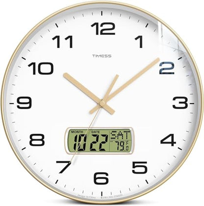 TIMESS 13-Inch Non-Ticking Analog Wall Clock with LCD Display, Gold - color: Gold, size: 13 Inch