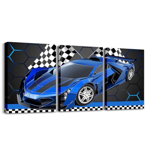 Feelyou Race Car Wall Art 12" x 16" x 3 - color: Blue White Black