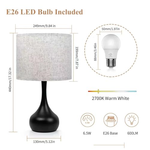 ONEWISH Touch Bedside Lamp for Bedroom, 3-Way Dimmable Table Lamps for Nightstand with Cylindrical Fabric Shade, Desk Lamp for Living Room, End Tables, Home Office - color: Beige Linen Drum Shade & Black Base