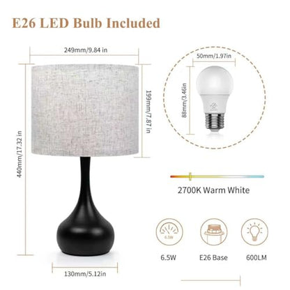 ONEWISH Touch Bedside Lamp for Bedroom, 3-Way Dimmable Table Lamps for Nightstand with Cylindrical Fabric Shade, Desk Lamp for Living Room, End Tables, Home Office - color: Beige Linen Drum Shade & Black Base