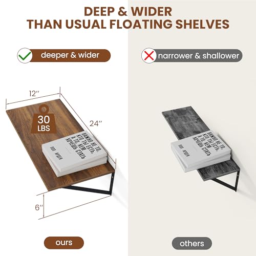 Heimlove 24W x 12D Deep Floating Shelves Set of 2 Walnut - color: Walnut With Black Metal Bracket, size: 24Wx12Dx5.8H