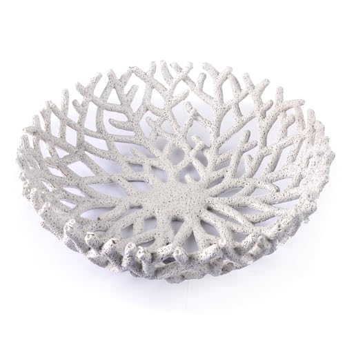 10-Inch White Resin Coral Bowl, Handcrafted Hollow Carved Coastal Art Decor - color: White