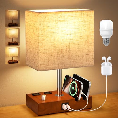 Brown Wood Grain Bedside Lamp - Stepless Dimmable, USB C+A, 2 AC Outlets - color: Brown Wood Grain with Knob Switch, size: 1 Pack